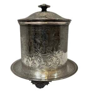 Vintage Barker Ellis EPNS Biscuit Barrel Silverplate England Engraved Footed Jar